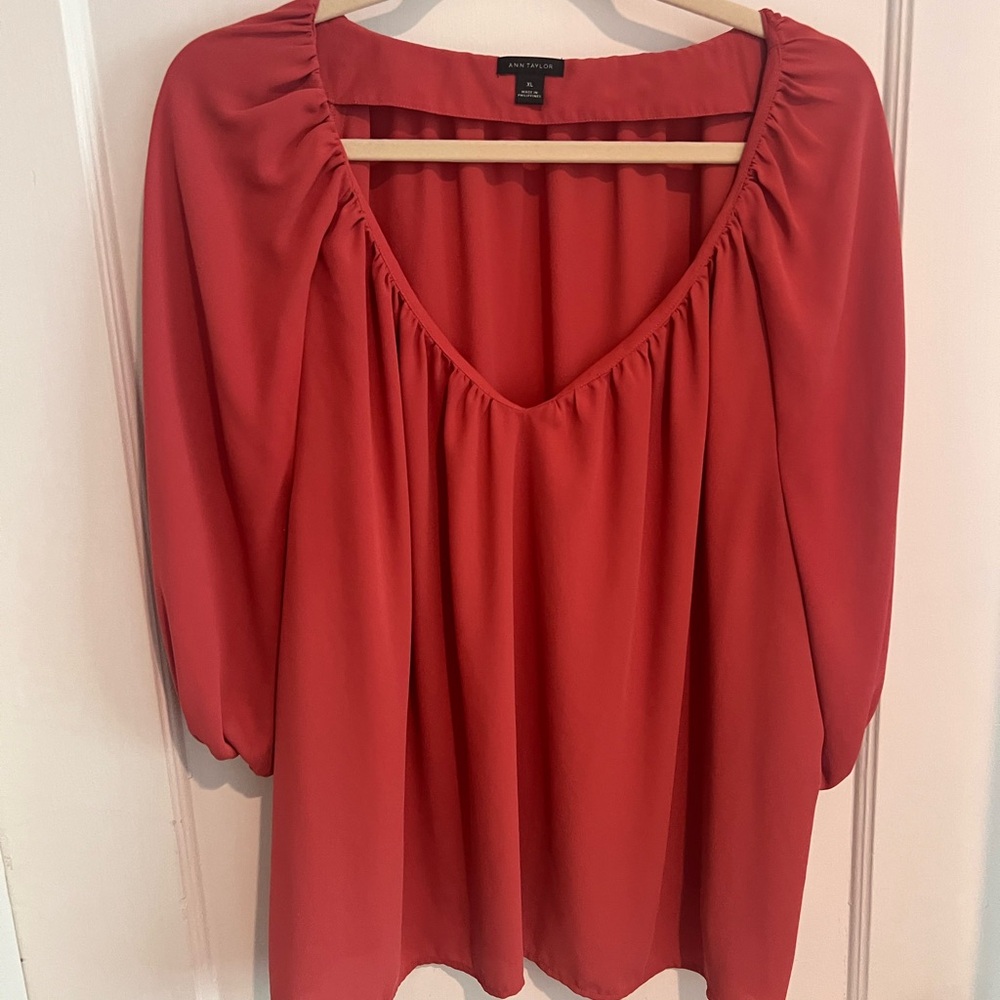 Ann Taylor Red Puff Sleeve Blouse with Ruched Details